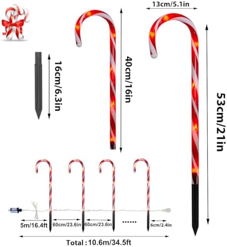 Candy Cane Outdoor Landscape Lights - 10 Pack 60 Red LEDs 21in Lighted Christmas Path Lights String with Memory Function 8 Flashing Modes End-to-End Plug in Waterproof Outside Candy Xmas Decorations - Image 3