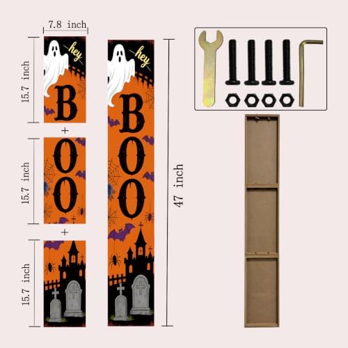 Hey Boo Halloween Ghost Porch Sign 47 Inch Rustic Vertical Welcome Sign Farmhouse Wooden Front Door Standing Decor with Bat Spider Graveyard Castle for Outdoor Indoor Halloween Decor - Image 2