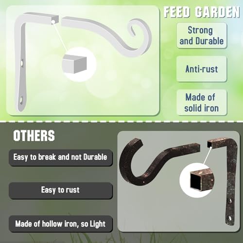 FEED GARDEN Hand-Forged Hanging Plant Bracket Iron Wall Hook for Hanging Plant,Bird Feeders, Wind Chimes, Flower Baskets, Lanterns, Yoga Mat, Indoor/Outdoor Use 6 Inch 2 Pack, White - Image 4