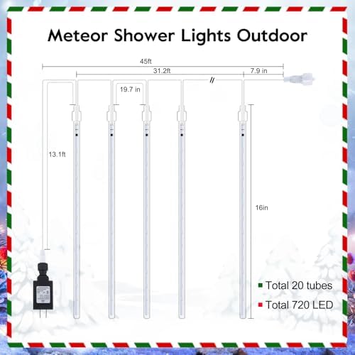 Brightown Meteor Shower Lights Outdoor, 16Inch 20 Tube 720 LED Icicle Light - Image 6
