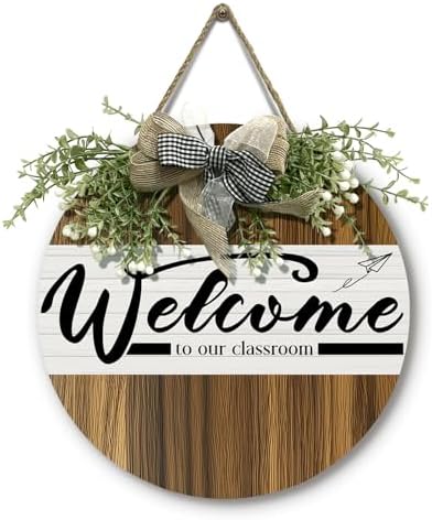 Welcome to Our Classroom Door Wreath Welcome Back to School Door Hanger Teacher Supplies Wooden Plaque Decoration Door Sign 12×12 Inch for Wall Porch by Cryfox