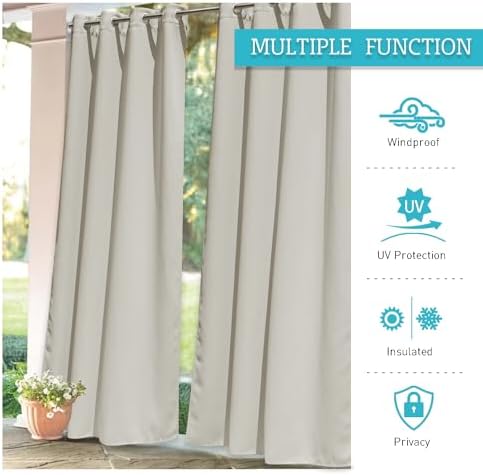 RYB HOME Outdoor Curtains for Patio Waterproof Block Sunlight Thermal Insulated Privacy Assured Thick Outside Curtains for Pergola, Deck, Gazebo, W52 x L90, Natural, 1 Panel - Image 5