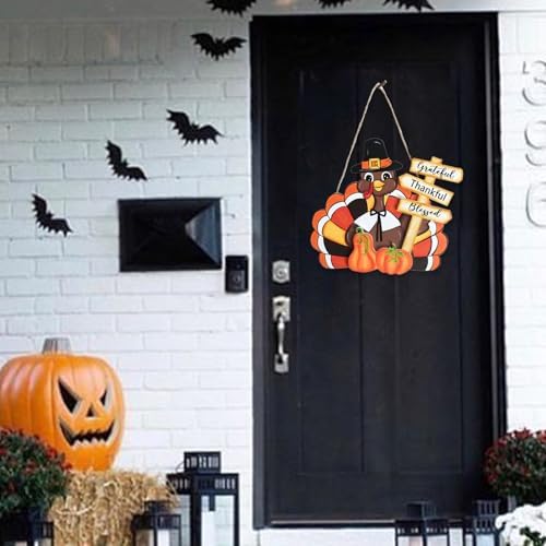 Fall Thanksgiving Turkey Welcome Wooden Sign for Front Door with Pumpkins, Thanksgiving Grateful Thankful Blessed Turkey Sign for Indoor Outdoor, Thankful Hanging Sign - Image 5