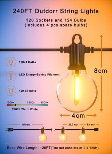 Zuske Outdoor String Lights, 240FT G40 LED IP65 Waterproof Patio Lights - Image 5