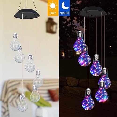 Colorful LED Solar Wind Chimes 21.6inch Light Bulb Shape Mobile Hanging Wind Chime Outdoor Waterproof Decorative Solar Powered Lights for Porch Deck Garden Patio Balcony Decor - Image 4