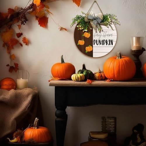 Fall Pumpkin Door Wreath Wooden Autumn Sign with Bow for Front Door Hey There Pumpkin Porch Hanging Signs Farmhouse Wall Garden Outdoor Decor - Image 5