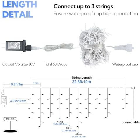Hopolon 33FT 360 LED Blue White Christmas Icicle Lights,60 Drops Plug in - Image 5