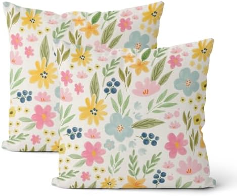Outdoor Pillow Covers 16x16 Inch 2 Pcs Watercolor Pink Green Flower Spring Decor Throw Pillows Vintage Floral Summer Outdoor Seasonal Decoration Pillowcase Linen Cushion Cover for Couch Sofa by DAFENA
