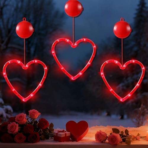 Lewondr 3Pcs Valentines Day Window Lights with 2 Lighting Modes, Red by Lewondr