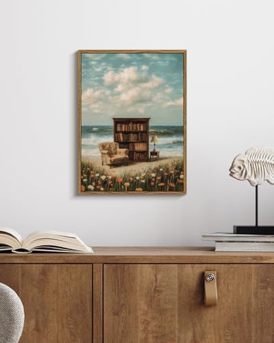 Vintage Framed Coastal Wall Art 12x16 Bookshelf Armchair Ocean View Canvas Print, Library by the Sea Dreamy Reading Nook Wildflower Artwork, Back to School Study Classroom Office Den Decor - Image 2