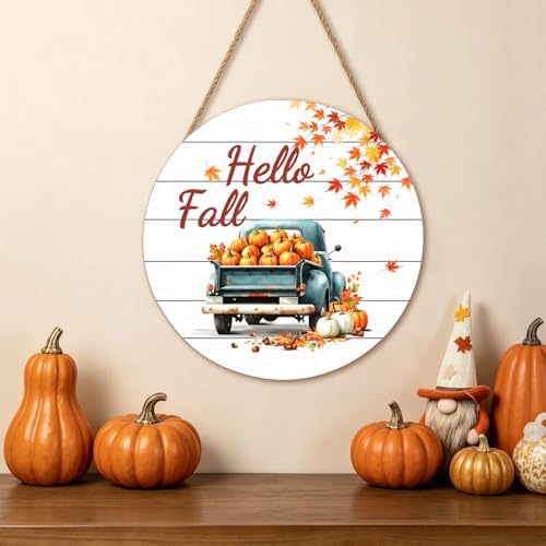 Hello Fall Wreath for Front Door Fall Truck Welcome Door Sign 12x12 Inch Autumn Maple Leaf Pumpkin Wood Door Hanger Farmhouse Thanksgiving Hanging Plaque for Home Porch Wall Indoor Outdoor Decorations - Image 3