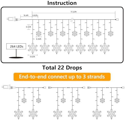 Christmas Snowflake Lights Outdoor, 17.22ft 264 LED Snowflake Icicle Lights with 22 Drops, 8 Modes connectable Christmas Light Waterproof for Eaves, Garden, Indoor & Outdoor Xmas Decor (White & Blue) - Image 5