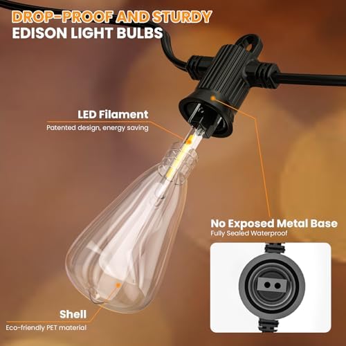Kawaya Outdoor String Lights for Patio - ST38 Outside IP65 Waterproof Hanging Light with 2700k~6000k Dimmable - 50FT Led Edison Lights for Cafe Bistro Yard Gazebo Porch - Image 4