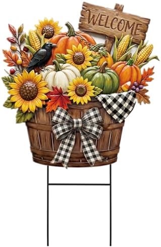 Amyhill Fall Outdoor Decor, Pumpkin Metal Garden Stakes 25 Inch Autumn Sunflowers Basket Welcome Yard Signs Rustic Fall Decorations for Outdoor Harvest Welcome Decorative Patio Lawn Walkway Decor by Amyhill