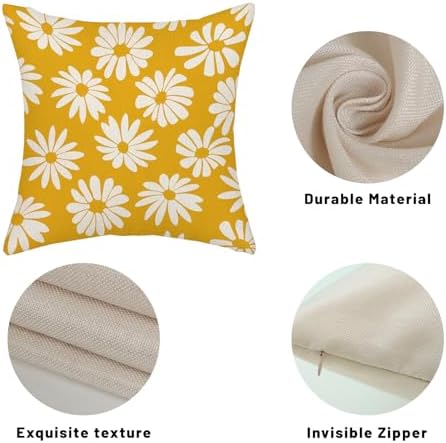 Mustard Yellow Pillow Covers 16x16 Inch 2 Pcs Daisy Floral Summer Outdoor Decor Throw Pillows Spring Flower Farmhouse Holiday Decoration Pillowcase Linen Cushion Cover for Couch Sofa Bed - Image 7