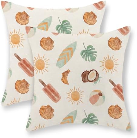 Summer Pillow Covers 18x18 Set of 2 Tropical Coastal Beach Outdoor Throw Pillows Sun Sunshine Monstera Palm Leaf Ice Cream Decorative Pillow Cases Farmhouse Cushion Case for Couch Home Decor by JEFERSO
