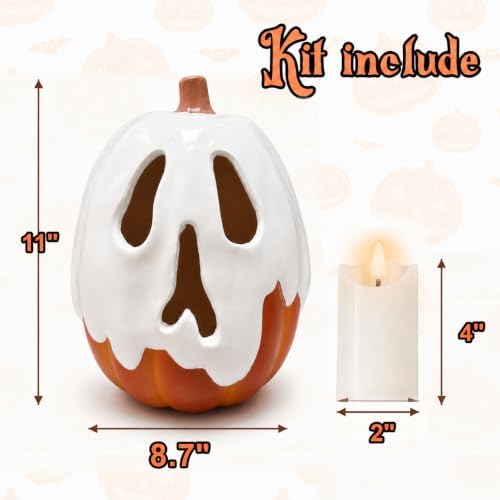 Halloween Decorations - 11" H Resin Ghost Pumpkin with Flameless Candle for Indoor Outdoor - Cute Spooky Decoration Tables Centerpieces Halloween Decor for Porch Home Front Door Mantel - Image 2