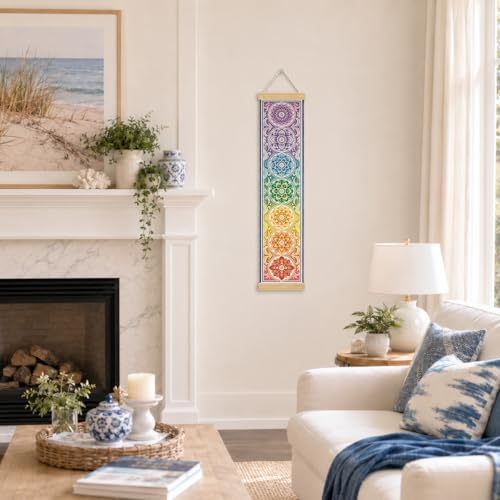 Chakra Mandala Porch Decor Banner, 31.5 x 7.8 Inch Canvas Hanging Banner with Wooden Rods, Rainbow Meditation Wall Accent for Entryway, Yoga Room, Patio, Indoor Outdoor Display - Image 4