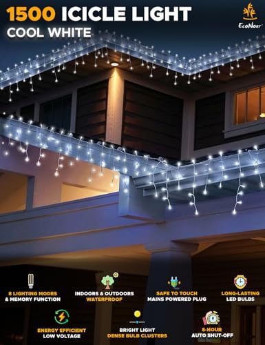 EcoNour Cool White Christmas Icicle Lights for Outside, 157.19 FT 1500LED - Image 2