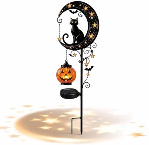 Solar Halloween Black Cat Garden Stake Light – Metal Crescent Moon & Pumpkin Lantern Yard Decor, Auto On/Off Waterproof LED Landscape Lighting for Patio Lawn Pathway (B) by Unknown