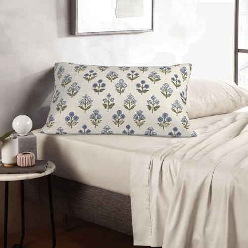Blue Green Pillow Covers 12x20 Inch 2 Pcs Block Print Vintage Floral Decor Throw Pillows Boho Flower Spring Summer Outdoor Seasonal Decoration Pillowcase Linen Cushion Cover for Couch Sofa - Image 5