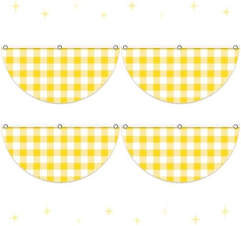 4 Pcs Yellow White Plaid Pleated Fan Flags, Yellow Gingham Bunting Fan Flag Decoration with Metal Grommet 1.5 x 3 Ft, Half Fan Flag Banner for Indoor Outdoor House Garden Patio Yard Decor by Cheerupp