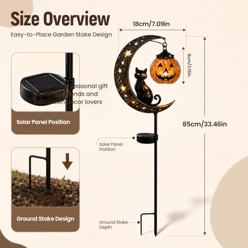 Solar Halloween Black Cat Garden Stake Light – Metal Crescent Moon & Pumpkin Lantern Yard Decor, Auto On/Off Waterproof LED Landscape Lighting for Patio Lawn Pathway (A) - Image 2