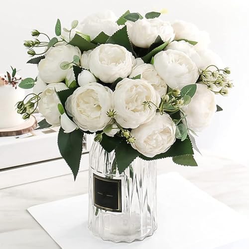 Artificial Peony Flowers Silk Peony Rose Fake Flowers 3Pcs White - Image 6