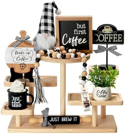 Coffee Bar Decor, 8 PCS Coffee Decorations for Table Tiered Tray Shelf by SYNCVIBE