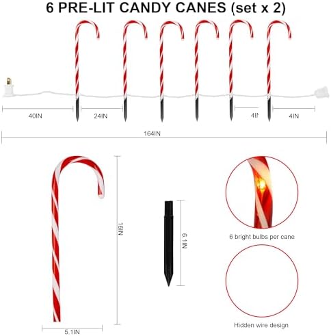 Biswing Christmas Outdoor Candy Cane Lights, 12 Pcs Christmas Pathway Markers with 72 Count Warm White Lights, Connectable for Indoor Outdoor Holiday Walkway Patio Garden Ornament - Image 4