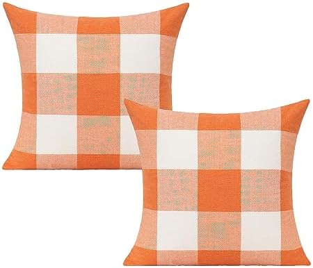 VAKADO Outdoor Fall Throw Pillow Covers 24x24 Set of 2 Orange Buffalo Plaid by VAKADO