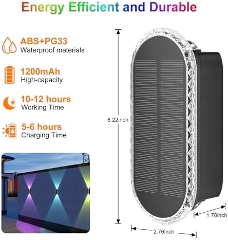 Ellasay Solar Fence Lights Backyark: 6-Pack Fence Lights Solar Powered 8 WRGB Color Modes - Up & Down Waterproof Solar Wall Lights for Outdoor/Yard/Poolside/Porch/Patio/Railing - Image 6