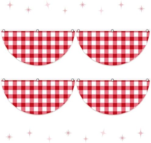 4 Pcs Red White Gingham Pleated Fan Flags, Red White Plaid Bunting Fan Flag Decoration with Metal Grommet 1.5 x 3 Ft, Red Half Fan Flag Banner for Indoor Outdoor House Garden Patio Yard Decor by Cheerupp