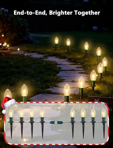 Christmas Pathway Lights Outdoor,38FT 25 Pcs Warm White Extendable Waterproof Walkway Lights with C9 Clear Bulbs and Stakes for Outdoor Yard Porch Driveway Backyard Christmas Decorations - Image 5