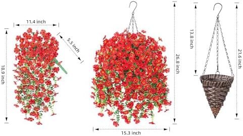 HyeFlora Artificial Hanging Flowers Basket for Outdoor, Fake Flowers Faux Plants Look Real for Yard Gardens Porch Patio Home (Red) - Image 4