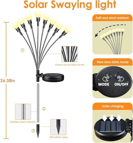 Solar Garden Lights Outdoor 8 Pack 64 LED Solar Firefly Lights Warm White - Image 6