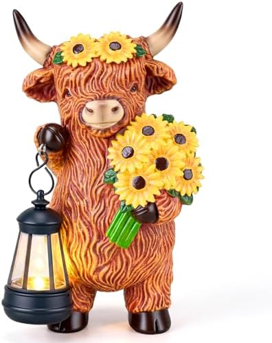 Capoda Solar Highland Cow Statue 8" Garden Resin Highland Cow Figurine Holding Lantern with Solar Lights LED Sunflower Decorations for Table Summer Outdoor Garden Yard Patio Lawn Porch Decor by Capoda