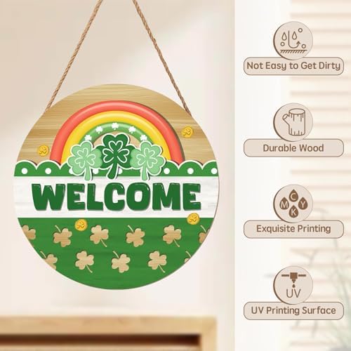 Happy St. Patrick's Day Rainbow Wooden Hanging Sign 12x12 Inch St. Patricks Day Welcome Shamrock Wreath Sign for Front Door Decor,Irish Spring Farmhouse Wood Wreath Indoor Wall Hanging Decoration - Image 4
