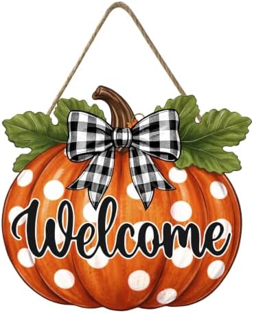 Fall Pumpkin Front Door Sign Rustic Pumpkin Thanksgiving Welcome Door Decorations Wood Sign Autumn Harvest Wreath Door Hanger Buffalo Plaid Bow Plaques Wall Hanging Decor for Home Proch Yard 11"x11" by welcometoourhome