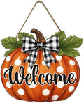 Fall Pumpkin Front Door Sign Rustic Pumpkin Thanksgiving Welcome Door Decorations Wood Sign Autumn Harvest Wreath Door Hanger Buffalo Plaid Bow Plaques Wall Hanging Decor for Home Proch Yard 11"x11" by welcometoourhome