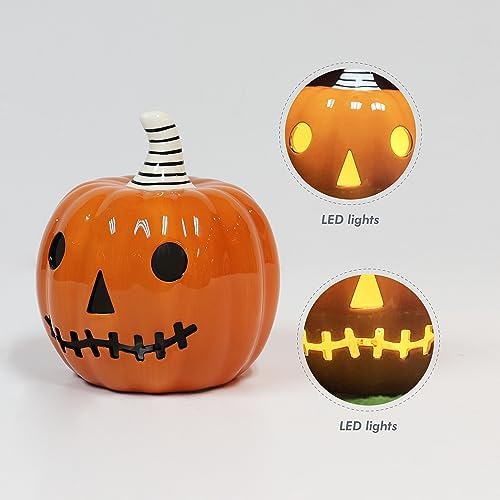 Ceramic Halloween Pumpkin Decor with Built in LED Light Battery Included Glossy Jack O Lantern Tabletop Decoration 5.5" Lighted Pumpkin for Indoor Fall Harvest Home Decor - Image 4