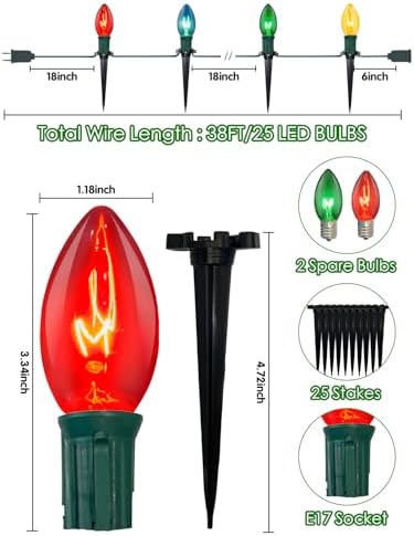 SUNSGNE Christmas Pathway Lights Outdoor, 38FT Colored Christmas Lights with 25 C9 Multicolor Bulbs and 25 Plastic Stakes for Walkway Sidewalk Driveway Lawn Yard Path Garden Decor - Image 2