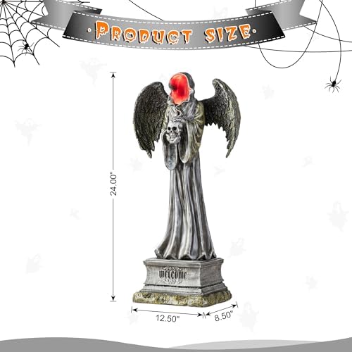 Glitzhome Halloween Porch Decorations, Lighted Halloween Front Porch Standing Sign Decor with Timer, Resin Grim Reaper Sign for Indoor Patio Party, 24" H - Image 2
