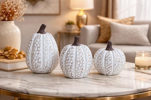 Pumpkin Fall Decor Indoor Fall Pumpkin Decorations 3Pcs Pumpkins Decor Thanksgiving Table Centerpiece Artificial Pumpkins Figurines for Autumn Harvest Home Decor Shelf Accent Decorating (Wood Grain) - Image 2