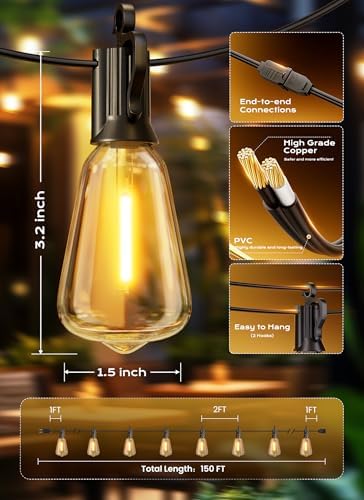 Brightown Outdoor String Lights, 150FT 75+2 LED ST38 LED Patio Lights Shatterproof, Dimmable IP65 Waterproof Connectable Hanging Outdoor Light for Backyard, Porch, Deck, Balcony - Image 7