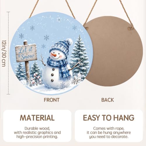 Winter Sign for Front Door Decor Christmas Snowman Snowflake Round Outdoor Hanging Wooden Door Sign for Porch Xmas Let It Snow Farmhouse Wreath Hanger Sign for Outside Indoor Wall Decoration 12"X12" - Image 2