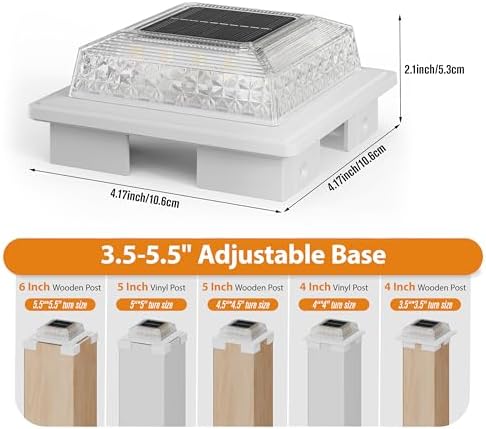 APONUO Solar Post Cap Lights, 3 Color Modes & 2 Brightness, Adjustable Base Fits 4x4 5x5 6x6 Posts (3.5-5.5 Inch), IP65 Waterproof, Deck & Fence Post Lights Solar Powered with Screws, White, 4 Pack - Image 2