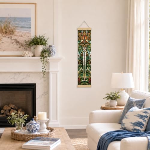 Stained Glass Sword Porch Decor Banner, 31.5 x 7.8 Inch Canvas Hanging Banner with Wooden Rods, Gothic Fantasy Wall Accent for Entryway, Game Room, Patio, Indoor Outdoor Display - Image 4