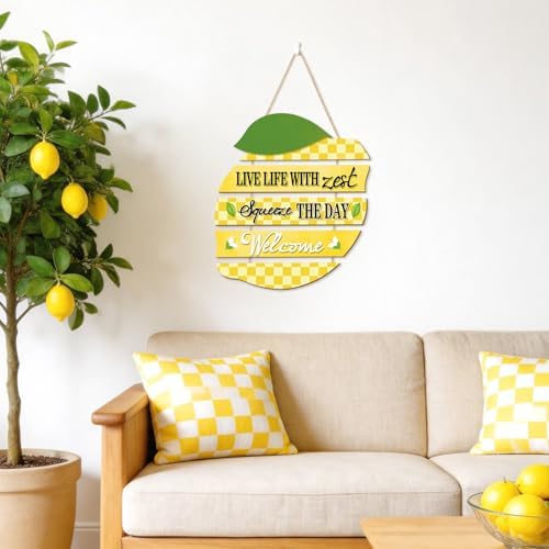 HOURIA Summer Lemon Welcome Front Door Sign Hanging(11.4"x11.5"), Checkered Lemon Wreath Rustic Wooden Wall Decor,Funny Welcome Decorations for Classroom Porch Home Kitchen,Housewarming Gift - Image 3