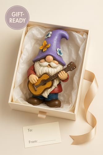 GoGnome Musical Gnome Figurine with Guitar – Handcrafted Resin Garden or Shelf Decoration, 6.2" Tall Whimsical Gnome Statue with Purple Hat, Flowers & Butterfly, Gift for Music Lovers (Purple) - Image 7